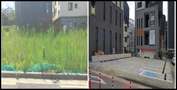 ▲ 공한지 주차장 조성전(왼쪽), 조성후(오른쪽). ©Newsjeju