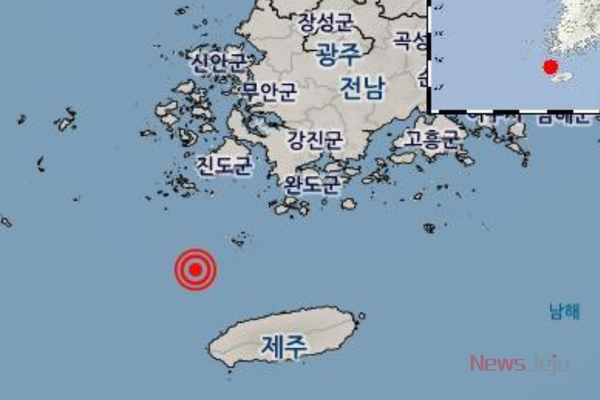▲ 27일 새벽 1시 10분께 기록된 제주 해역 지진 발생 위치도. ©Newsjeju