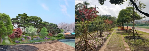 ▲ 2019 신촌초등학교 명상숲 조감도(왼쪽), 2018 제주제일고등학교 명상숲(오른쪽). ©Newsjeju