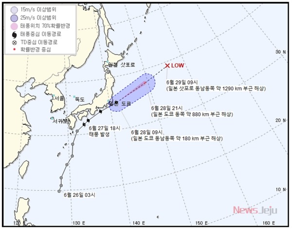 ▲ 제3호 태풍 '스팟(SEPAT)'이 일본 해상으로 서서히 북상 중인 가운데 다행히 이 태풍이 우리나라에는 영향을 미치지 않을 것으로 보인다. ©Newsjeju