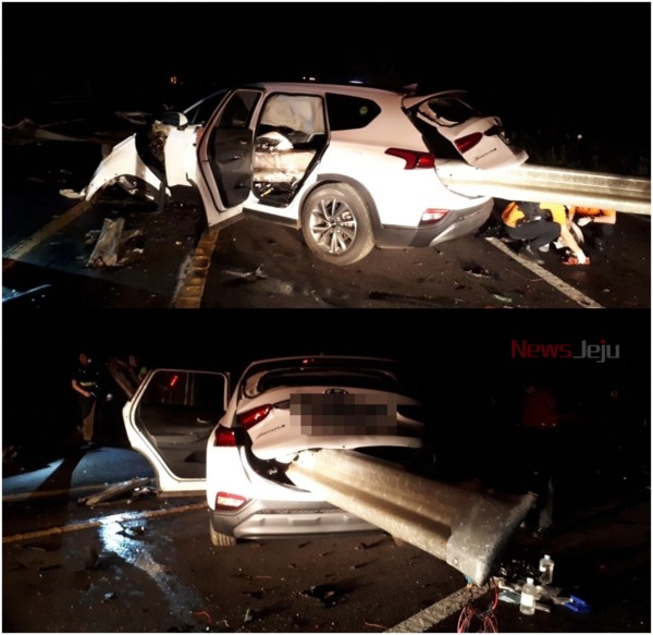 ▲ 이 사고로 싼타페 운전자 김모(27)씨가 운전석 하부를 관통한 가드레일에 의해 왼쪽 발목을 크게 다쳤다. ©Newsjeju