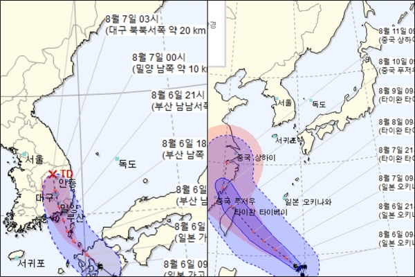 ▲ 왼쪽은 제8호 태풍 프란시스코, 오른쪽은 제9호 태풍 레키마의 예상 이동경로. ©Newsjeju