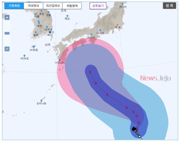 ▲ 기상청에 따르면 태풍 크로사는 중심기압 950hPa, 중심부근 최대풍속 155km/h(43m/s)의 중형급 태풍으로 9일(금) 오전 9시 현재 괌 북북서쪽 약 1020km 부근 해상에서 일본을 향해 돌진하고 있다. ©Newsjeju