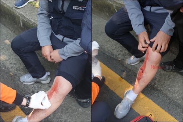 ▲ 민주노총 공공운수노조 화물연대본부 관계자가 부서진 유리창에 의해 부상을 입었다. ©Newsjeju