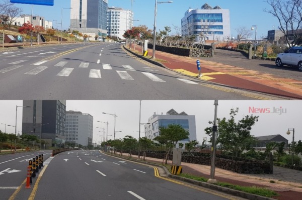 ▲ 서귀포 노인복지관 앞 도로 개선 전, 후. ©Newsjeju