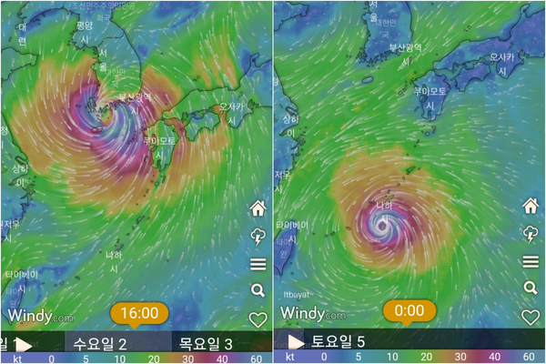▲ 유럽중기예보센터(ECMWF)가 예측한 제9호 및 제10호 태풍의 예상 진로도. 왼쪽이 제9호 태풍 마이삭이며, 오른쪽은 제10호 태풍 하이선의 모습이다. 사진=Windy 화면 캡쳐. ©Newsjeju