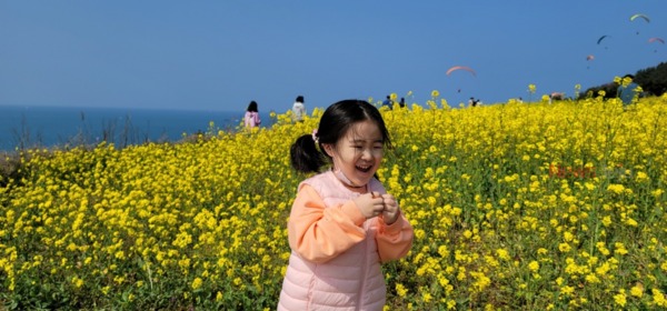 함덕 서우봉 유채꽃밭에서 봄 기운을 느끼기 위한 방문객들이 기념사진을 찍고 있다.