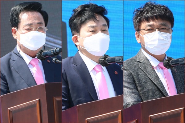 ▲ 왼쪽부터 좌남수 의장과 원희룡 지사, 강희봉 강정마을회장. ©Newsjeju