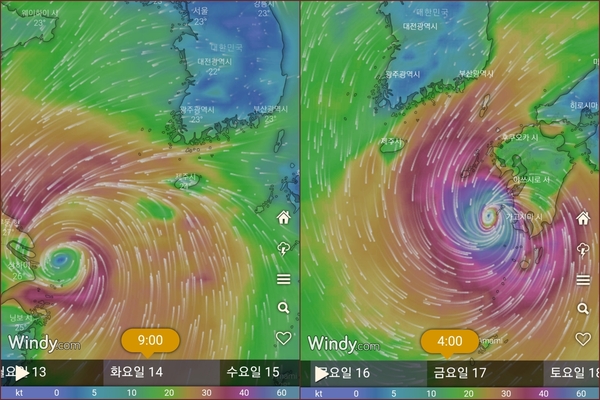 ▲ 윈디(Windy)에서 예측한 제14호 태풍 찬투(CHANTHU)의 예상 위치도. 제주는 14일부터 17일 새벽까지 4일간이나 영향권에 놓일 전망이다. ©Newsjeju