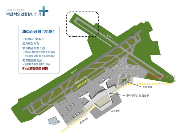 ▲ 박찬식 대표가 제안한 현 제주국제공항의 신공항 재설계 도안. ©Newsjeju