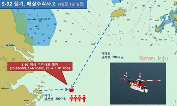 ▲ 대만 해역에서 실종된 예인선 수색을 위해 해경이 현장 투입되는 과정에서 헬기가 추락했다 ©Newsjeju