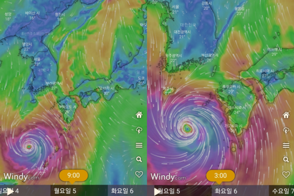 ▲ 윈디(Windy)에서 예측한 태풍 힌남노의 예상 위치도. 왼쪽은 9월 5일 오전 9시, 오른쪽은 9월 6일 오전 3시에 이를 때의 예상 위치도다. ©Newsjeju