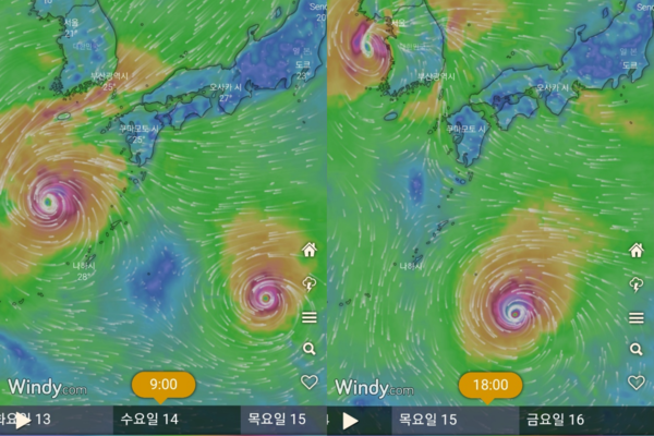 ▲ 기상 어플리케이션 '윈디(Windy)'에서 예측한 제12호 태풍 무이파와 제13호 태풍 므르복의 예상 진로도. ©Newsjeju