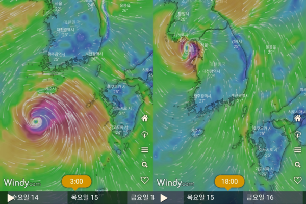 ▲ 기상 어플리케이션 '윈디'가 예측하고 있는 제12호 태풍 무이파의 예상 진로도(유럽중기모델 ECMWF 9km). ©Newsjeju