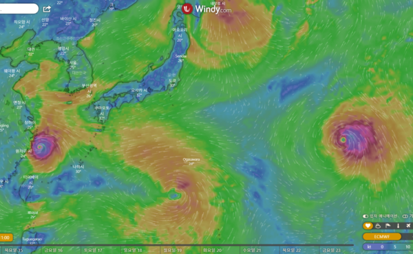 ▲ 현재 태평양 일대에 형성돼 있는 3개의 태풍. 가장 왼쪽에 있는 것이 제11호 태풍 무이파(MUIFA)이며, 오른쪽에 있는 것이 제12호 태풍 므르복(MERBOK)이다. 가운데 보이는 것은 제13호 태풍 난마돌(NANMADOL)이다. ©Newsjeju