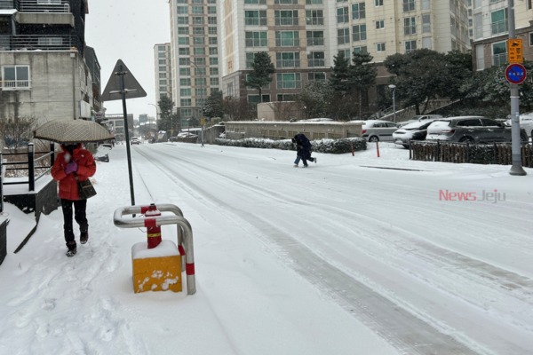 ▲ 제주 전역에 많은 눈이 내려 거의 모든 도로가 얼어붙었다. ©Newsjeju